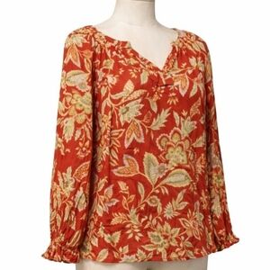 Chaps Red Floral Peasant Blouse Size L Boho Cottagecore Split Neck Hi-Low Top